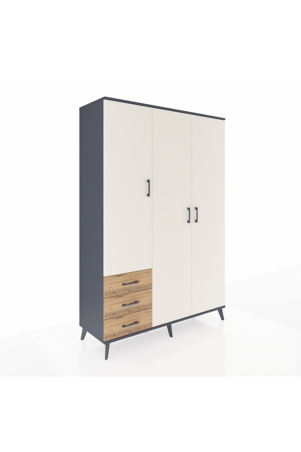 Hyperion Dolap 6 Raflı 3 Çekmeceli Tek Askılı 132x44x195 Antrasit-Aytaşı/Çam