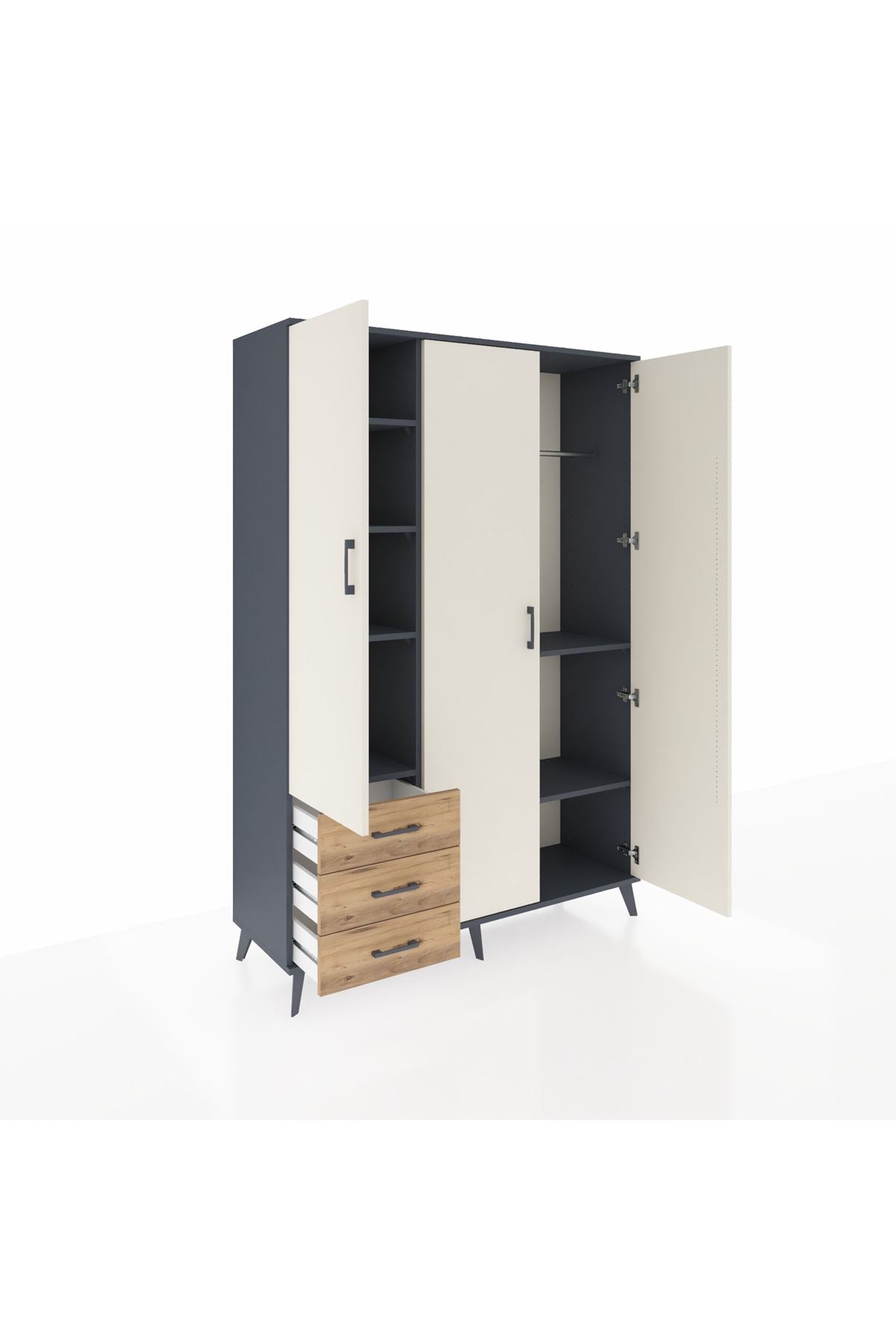 Hyperion Dolap 6 Raflı 3 Çekmeceli Tek Askılı 132x44x195 Antrasit-Aytaşı/Çam