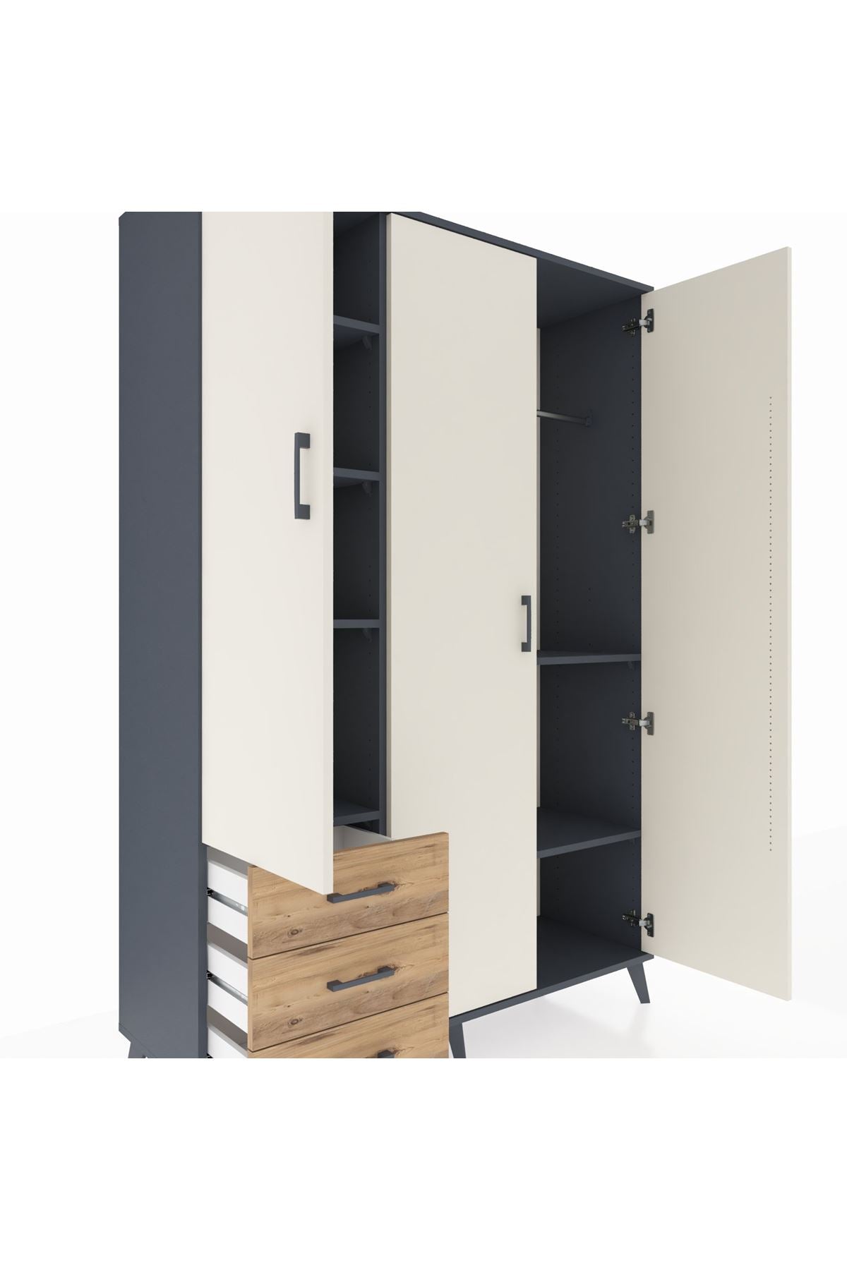 Hyperion Dolap 6 Raflı 3 Çekmeceli Tek Askılı 132x44x195 Antrasit-Aytaşı/Çam