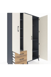 Hyperion Dolap 6 Raflı 3 Çekmeceli Tek Askılı 132x44x195 Antrasit-Aytaşı/Çam