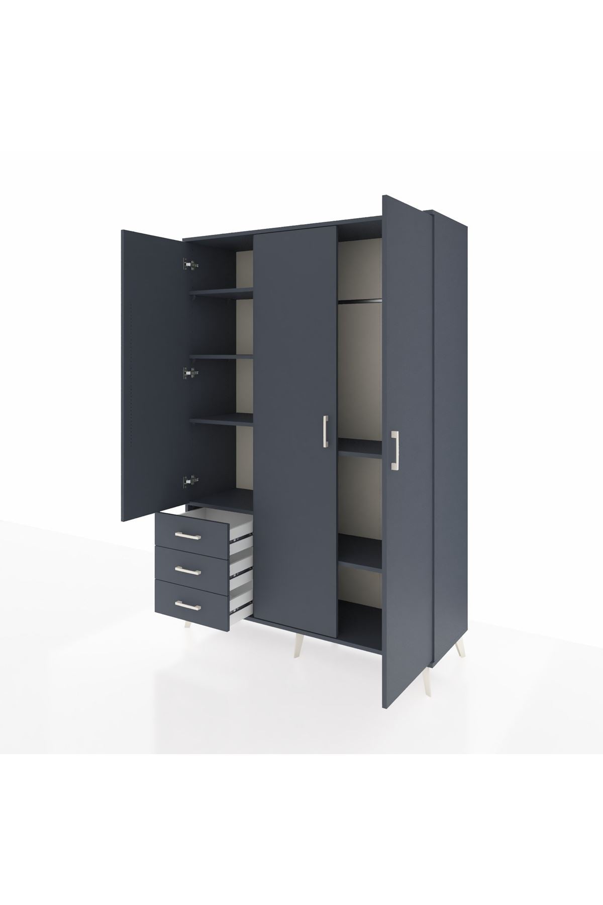 Hyperion Dolap 6 Raflı 3 Çekmeceli Tek Askılı 132x44x195 Antrasit-Antrasit/Antrasit