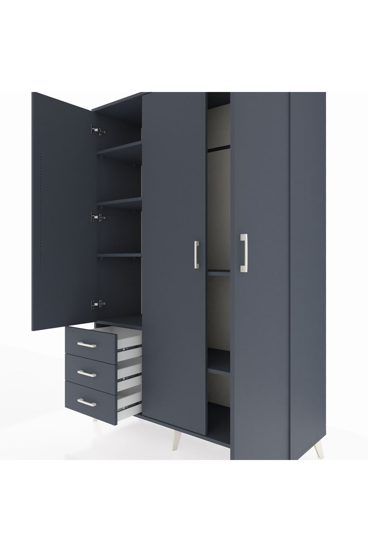 Hyperion Dolap 6 Raflı 3 Çekmeceli Tek Askılı 132x44x195 Antrasit-Antrasit/Antrasit