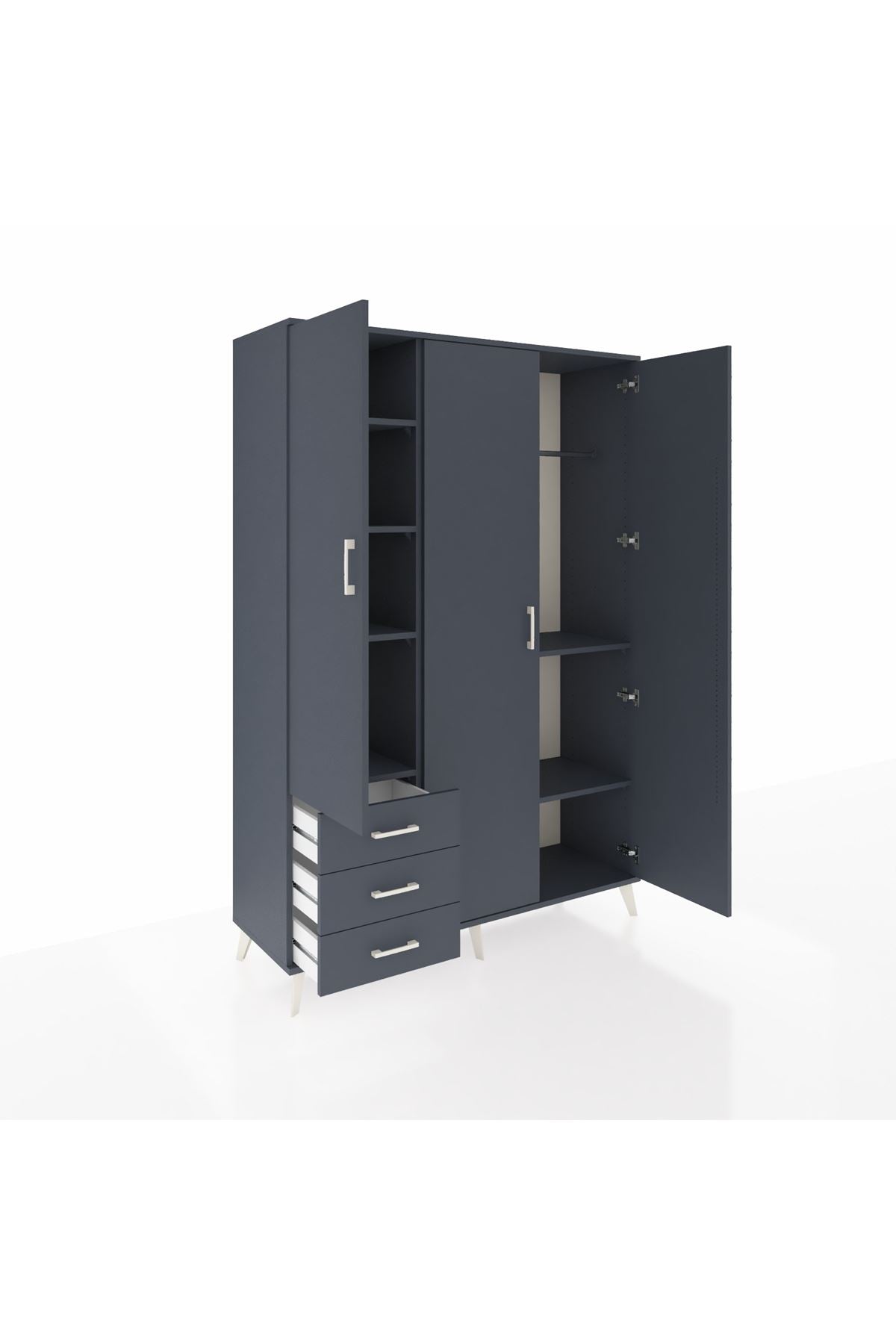 Hyperion Dolap 6 Raflı 3 Çekmeceli Tek Askılı 132x44x195 Antrasit-Antrasit/Antrasit