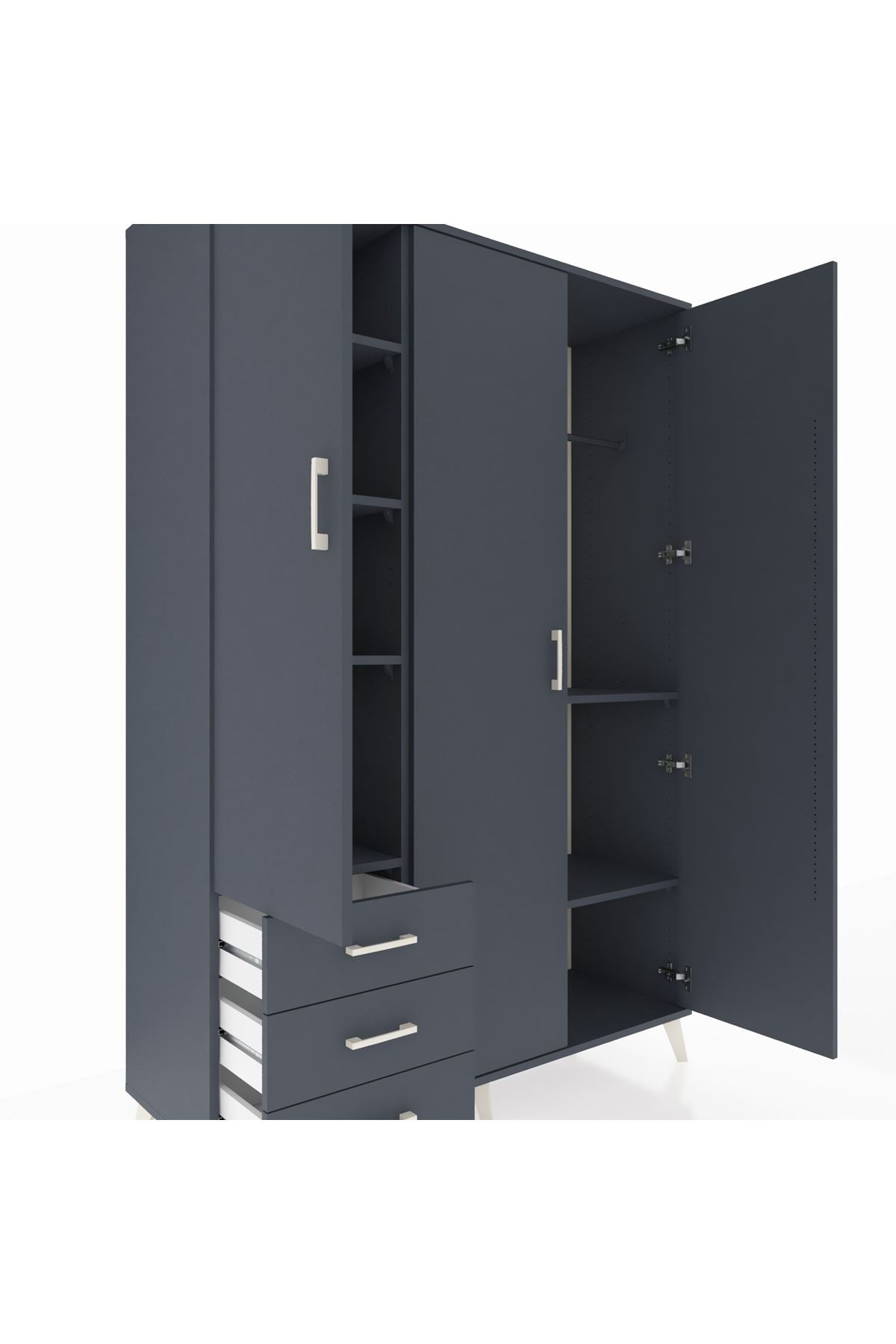 Hyperion Dolap 6 Raflı 3 Çekmeceli Tek Askılı 132x44x195 Antrasit-Antrasit/Antrasit