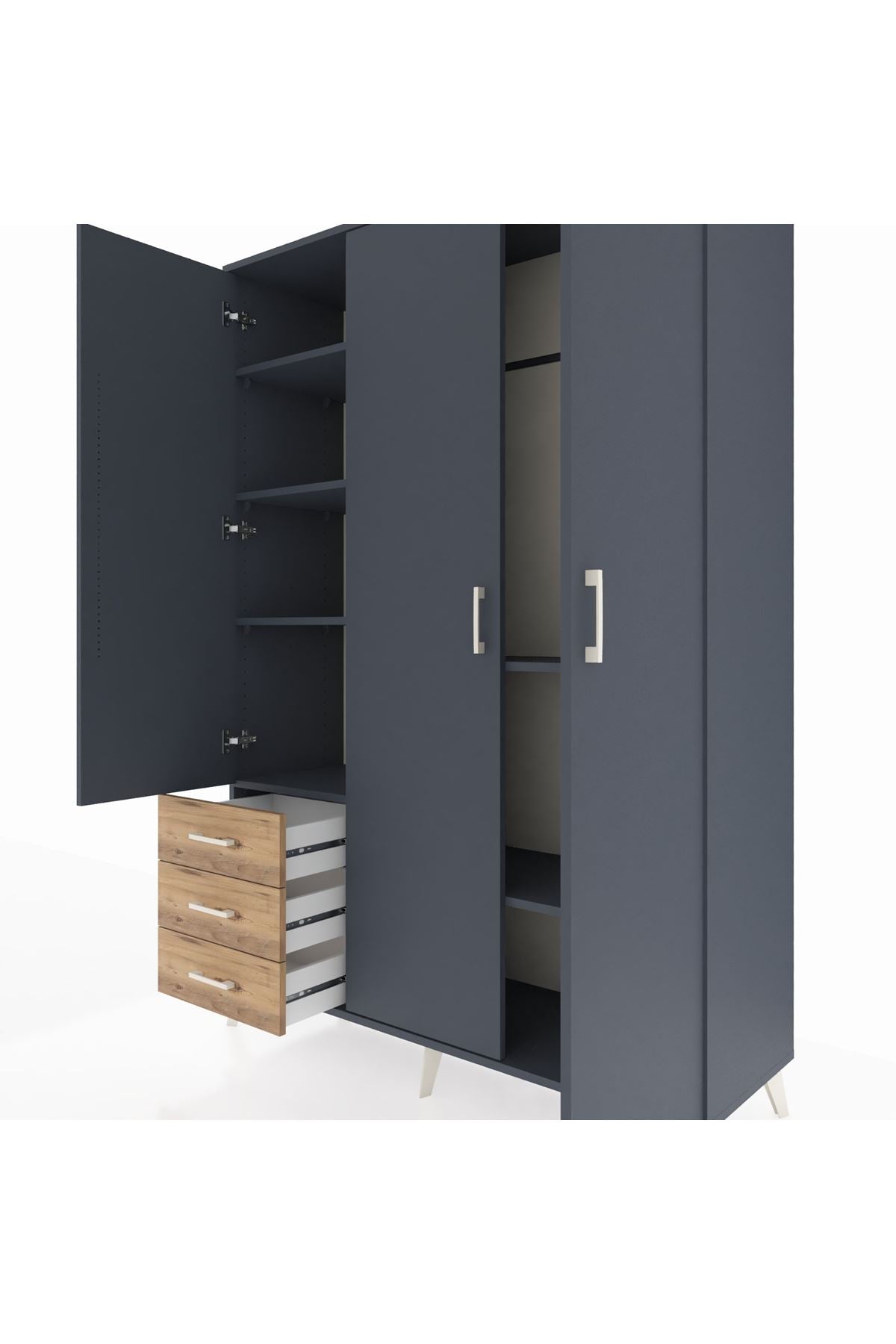 Hyperion Dolap 6 Raflı 3 Çekmeceli Tek Askılı 132x44x195 Antrasit-Antrasit/Çam