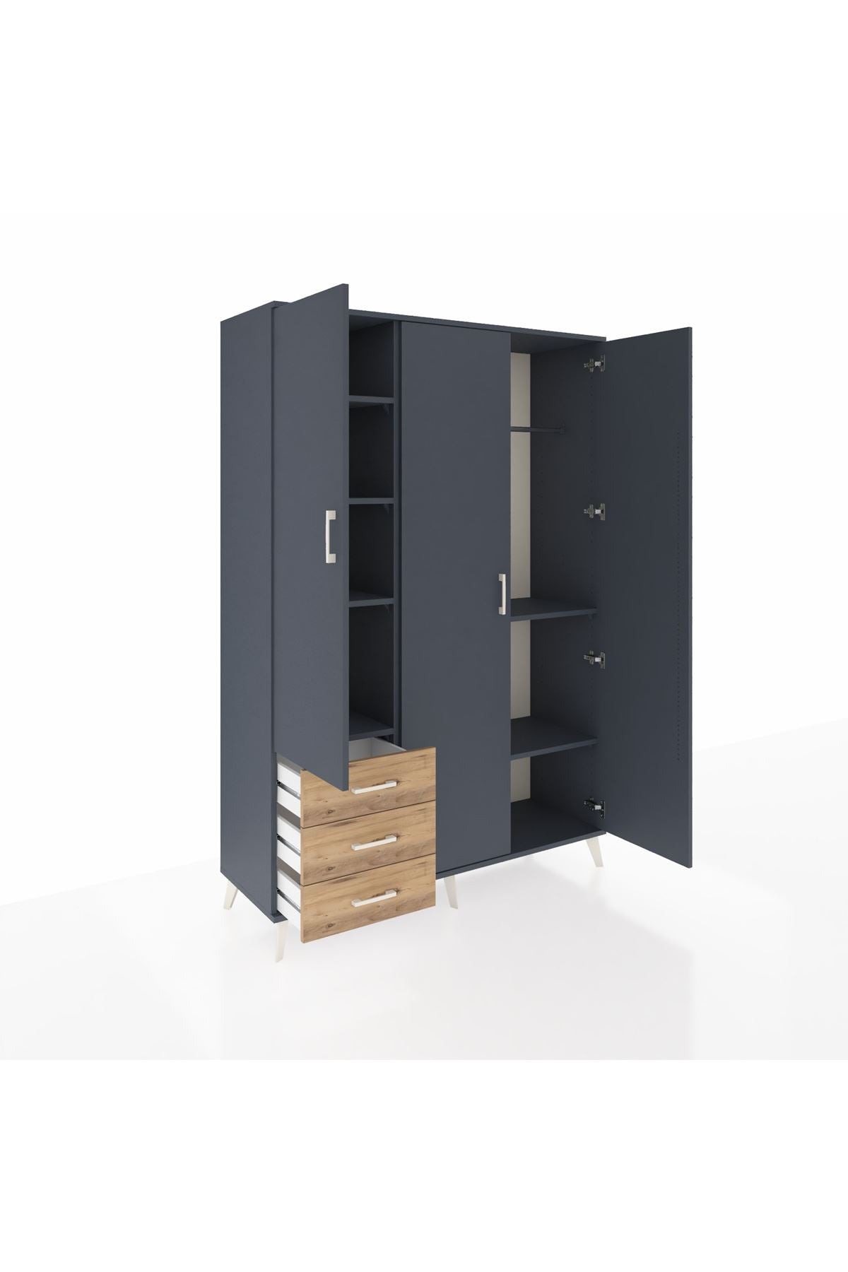 Hyperion Dolap 6 Raflı 3 Çekmeceli Tek Askılı 132x44x195 Antrasit-Antrasit/Çam