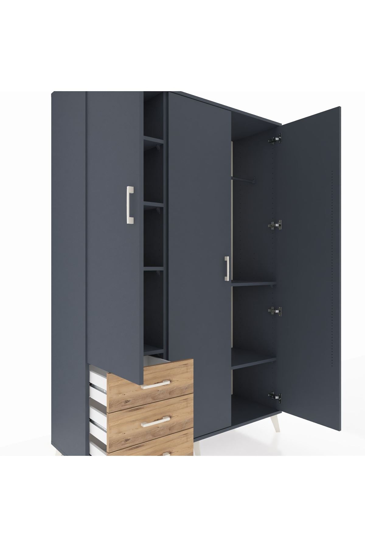 Hyperion Dolap 6 Raflı 3 Çekmeceli Tek Askılı 132x44x195 Antrasit-Antrasit/Çam