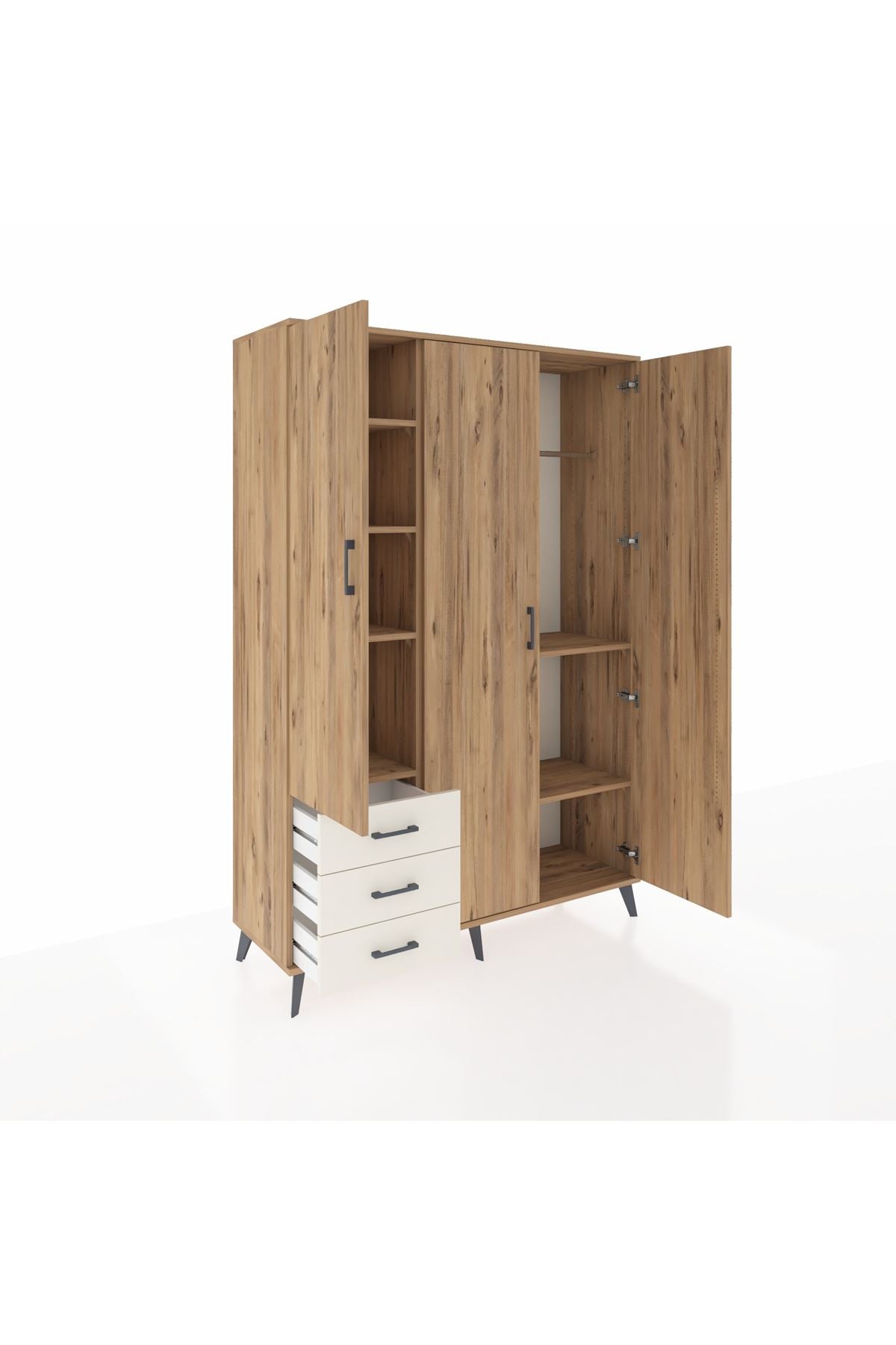 Hyperion Dolap 6 Raflı 3 Çekmeceli Tek Askılı 132x44x195 Çam-Çam/Aytaşı