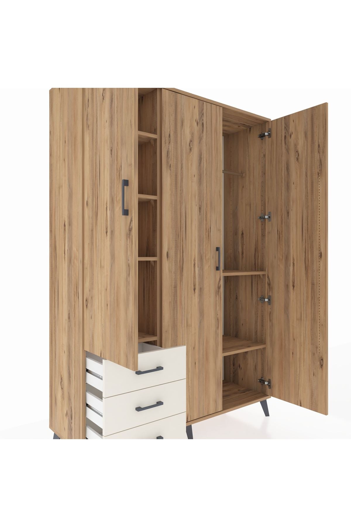 Hyperion Dolap 6 Raflı 3 Çekmeceli Tek Askılı 132x44x195 Çam-Çam/Aytaşı