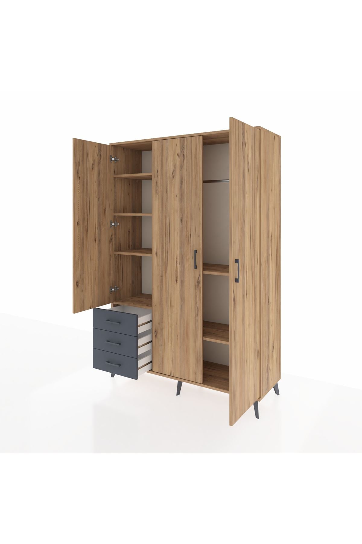 Hyperion Dolap 6 Raflı 3 Çekmeceli Tek Askılı 132x44x195 Çam-Çam/Antrasit