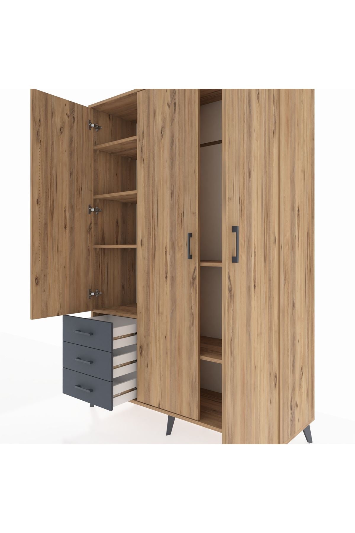 Hyperion Dolap 6 Raflı 3 Çekmeceli Tek Askılı 132x44x195 Çam-Çam/Antrasit