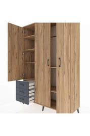 Hyperion Dolap 6 Raflı 3 Çekmeceli Tek Askılı 132x44x195 Çam-Çam/Antrasit