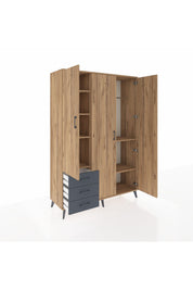 Hyperion Dolap 6 Raflı 3 Çekmeceli Tek Askılı 132x44x195 Çam-Çam/Antrasit