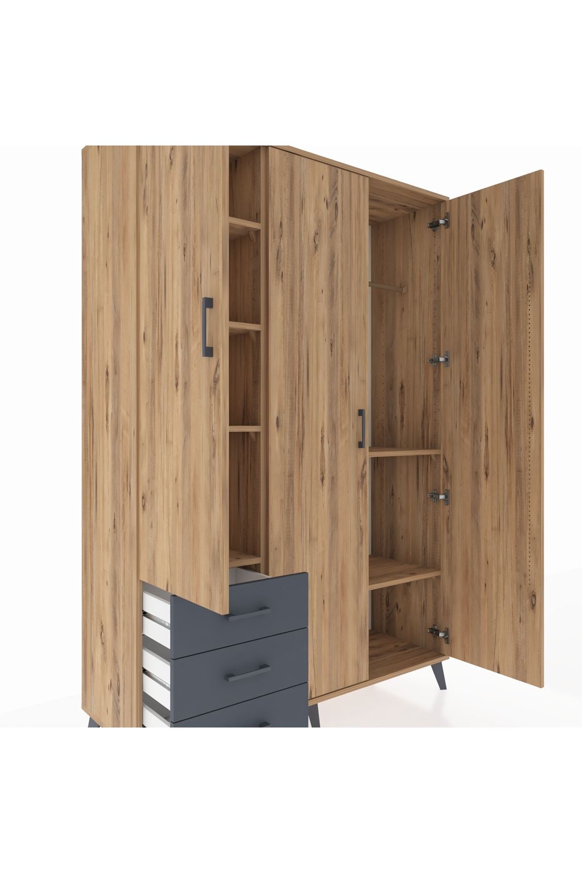 Hyperion Dolap 6 Raflı 3 Çekmeceli Tek Askılı 132x44x195 Çam-Çam/Antrasit