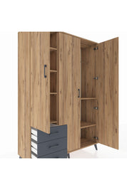 Hyperion Dolap 6 Raflı 3 Çekmeceli Tek Askılı 132x44x195 Çam-Çam/Antrasit