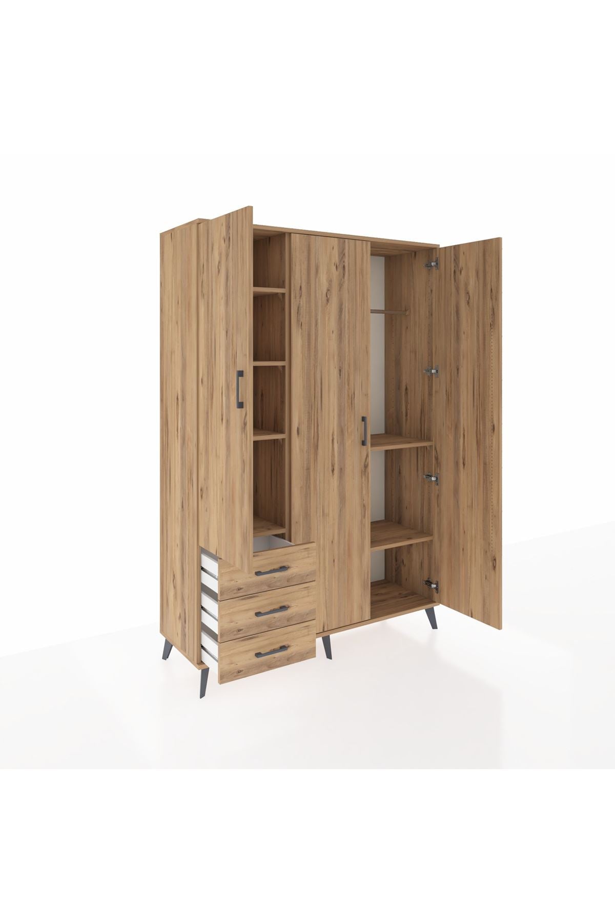 Hyperion Dolap 6 Raflı 3 Çekmeceli Tek Askılı 132x44x195 Çam-Çam/Çam