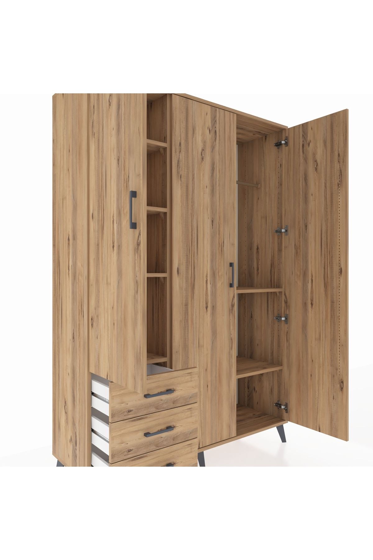 Hyperion Dolap 6 Raflı 3 Çekmeceli Tek Askılı 132x44x195 Çam-Çam/Çam