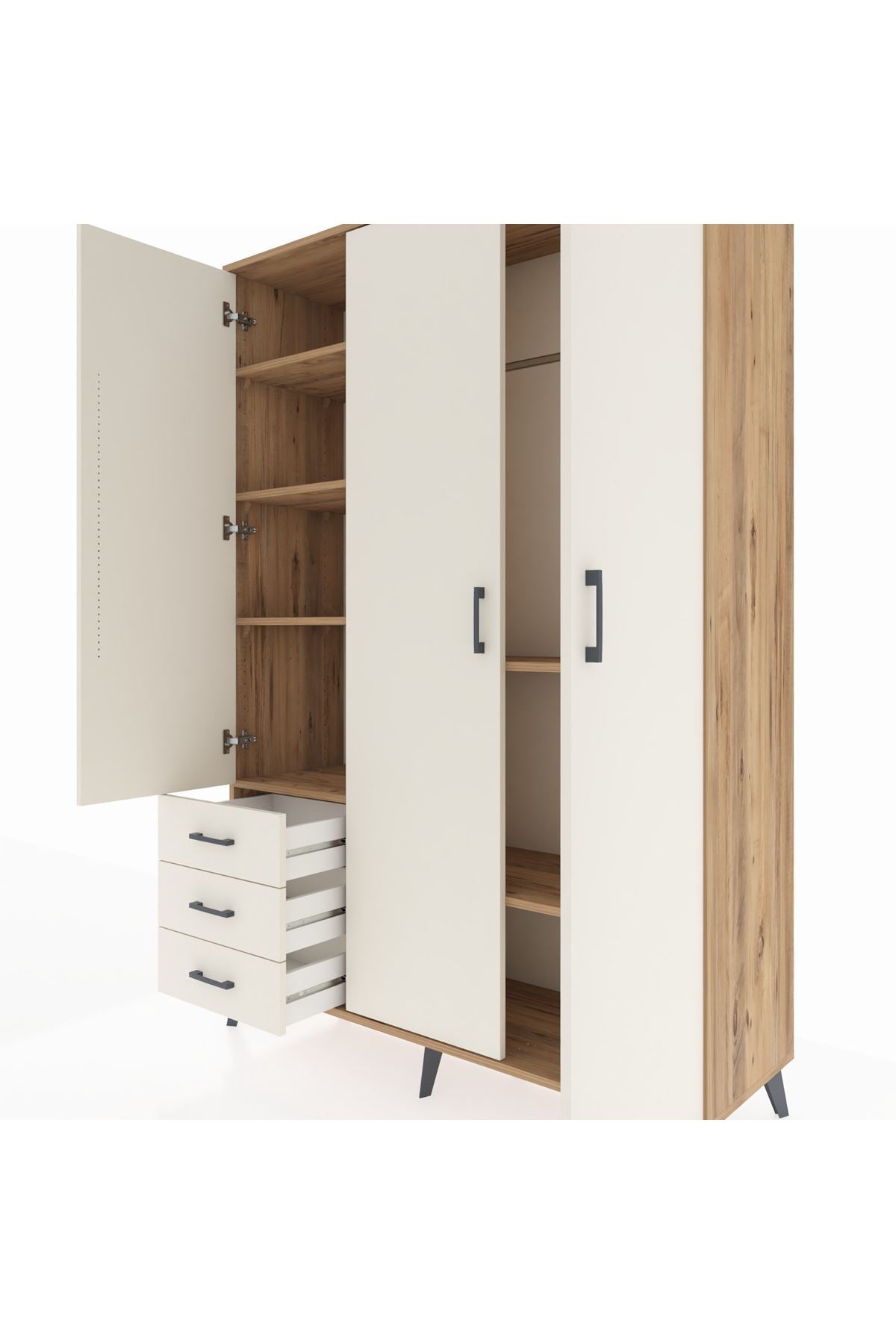 Hyperion Dolap 6 Raflı 3 Çekmeceli Tek Askılı 132x44x195 Çam-Aytaşı/Aytaşı