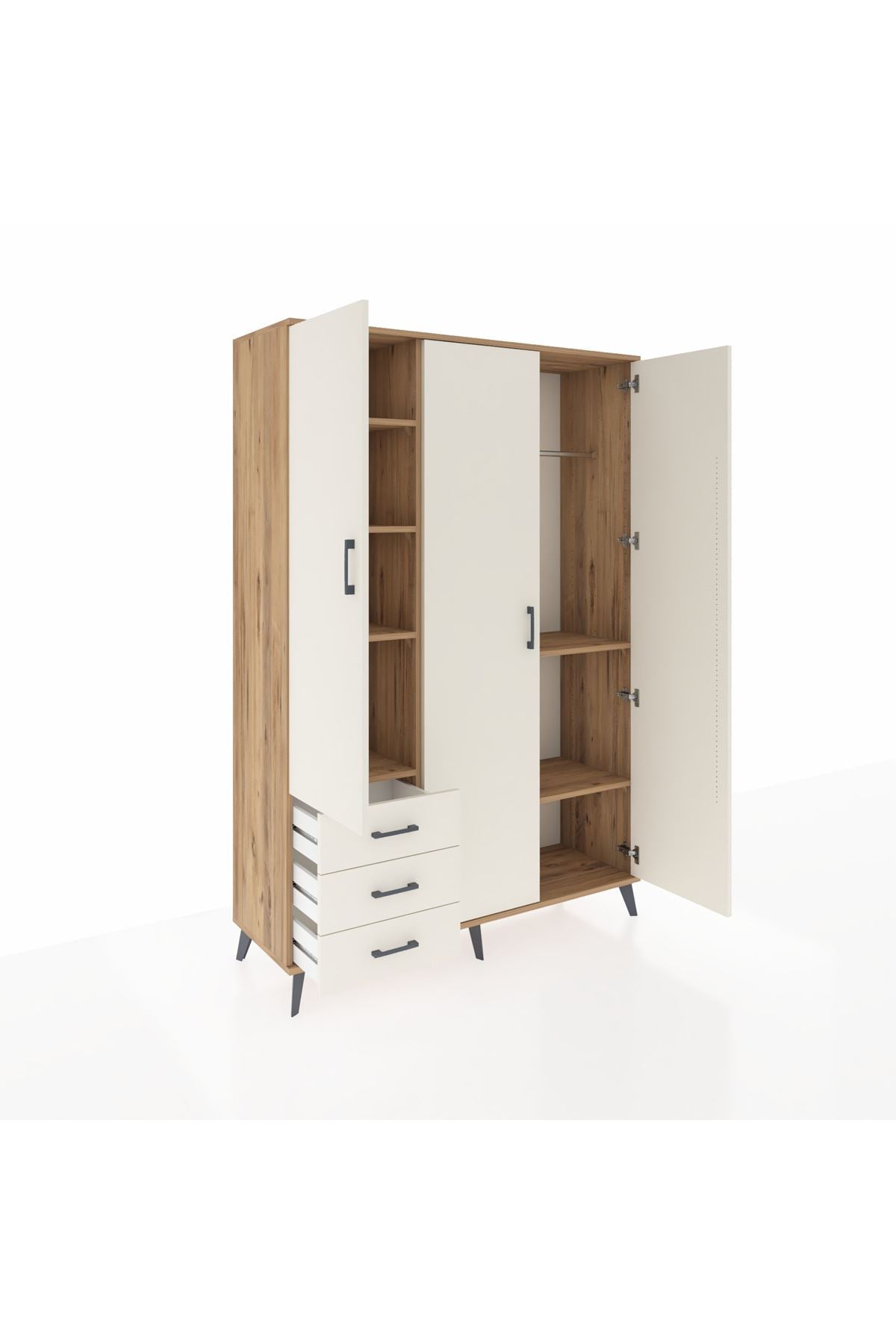 Hyperion Dolap 6 Raflı 3 Çekmeceli Tek Askılı 132x44x195 Çam-Aytaşı/Aytaşı