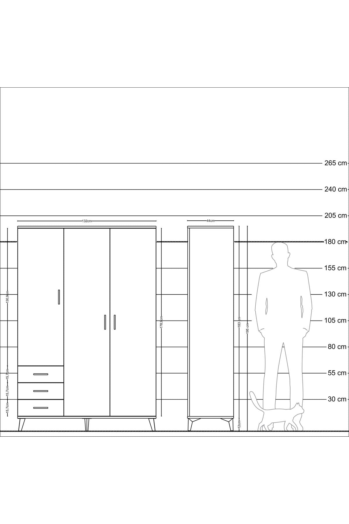 Hyperion Dolap 6 Raflı 3 Çekmeceli Tek Askılı 132x44x195 Çam-Aytaşı/Aytaşı