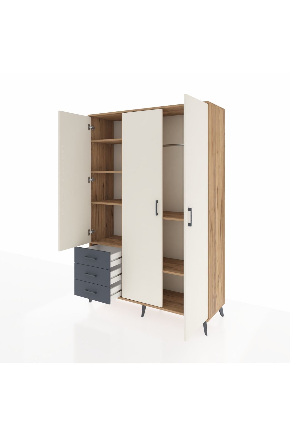 Hyperion Dolap 6 Raflı 3 Çekmeceli Tek Askılı 132x44x195 Çam-Aytaşı/Antrasit