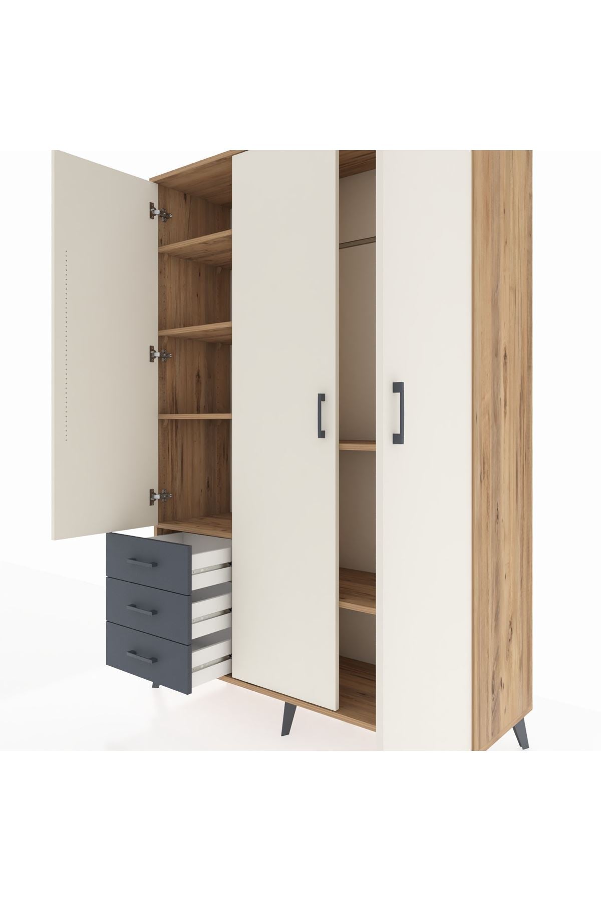 Hyperion Dolap 6 Raflı 3 Çekmeceli Tek Askılı 132x44x195 Çam-Aytaşı/Antrasit