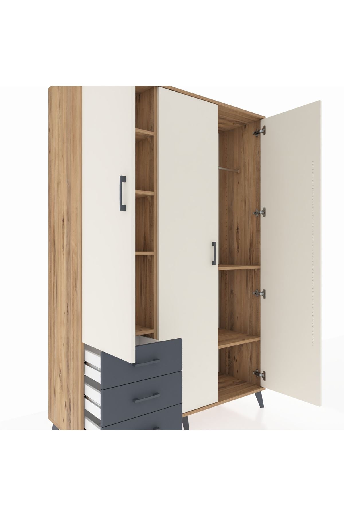 Hyperion Dolap 6 Raflı 3 Çekmeceli Tek Askılı 132x44x195 Çam-Aytaşı/Antrasit