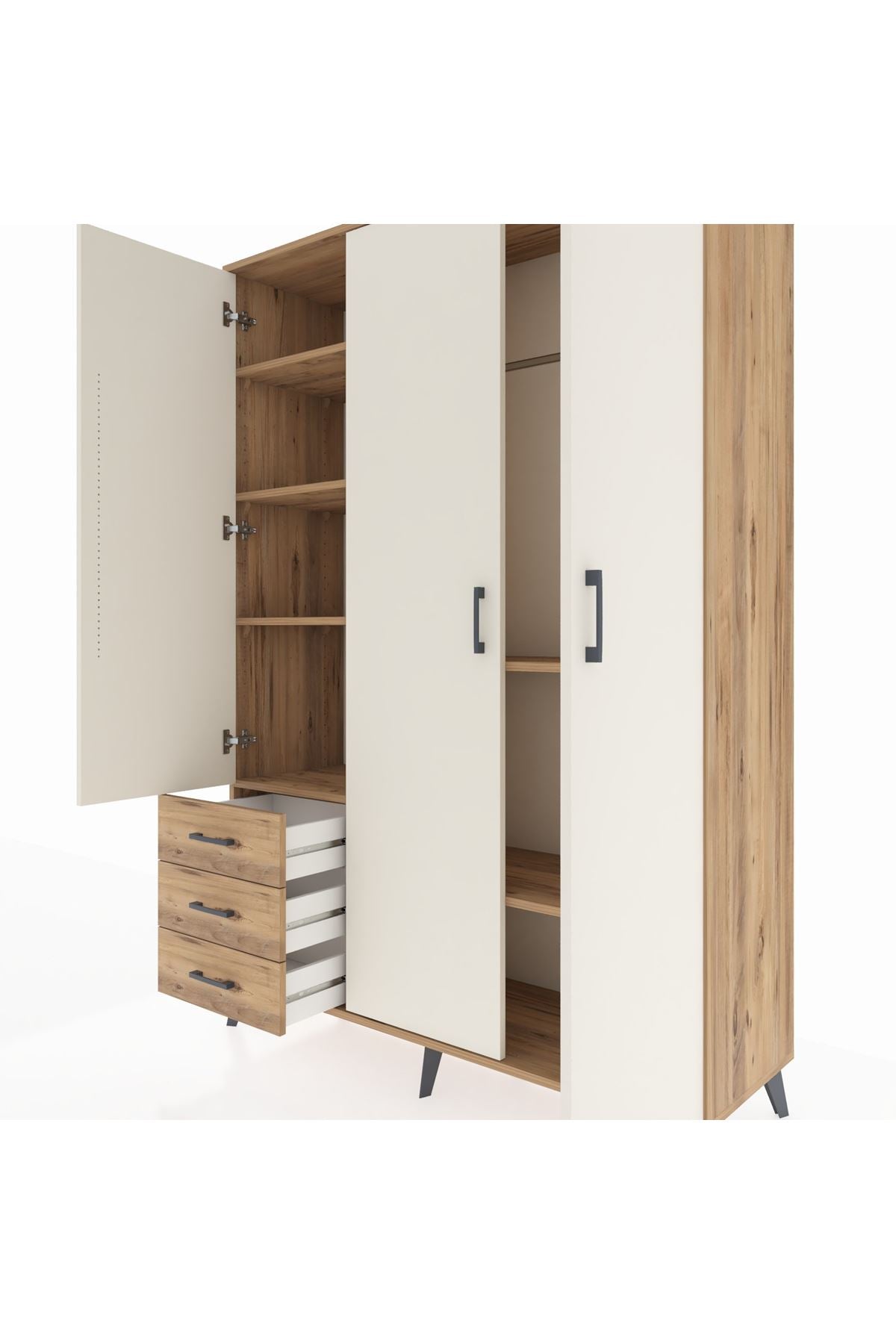 Hyperion Dolap 6 Raflı 3 Çekmeceli Tek Askılı 132x44x195 Çam-Aytaşı/Çam