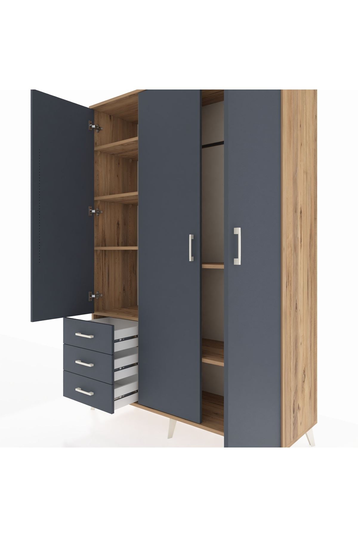 Hyperion Dolap 6 Raflı 3 Çekmeceli Tek Askılı 132x44x195 Çam-Antrasit/Antrasit