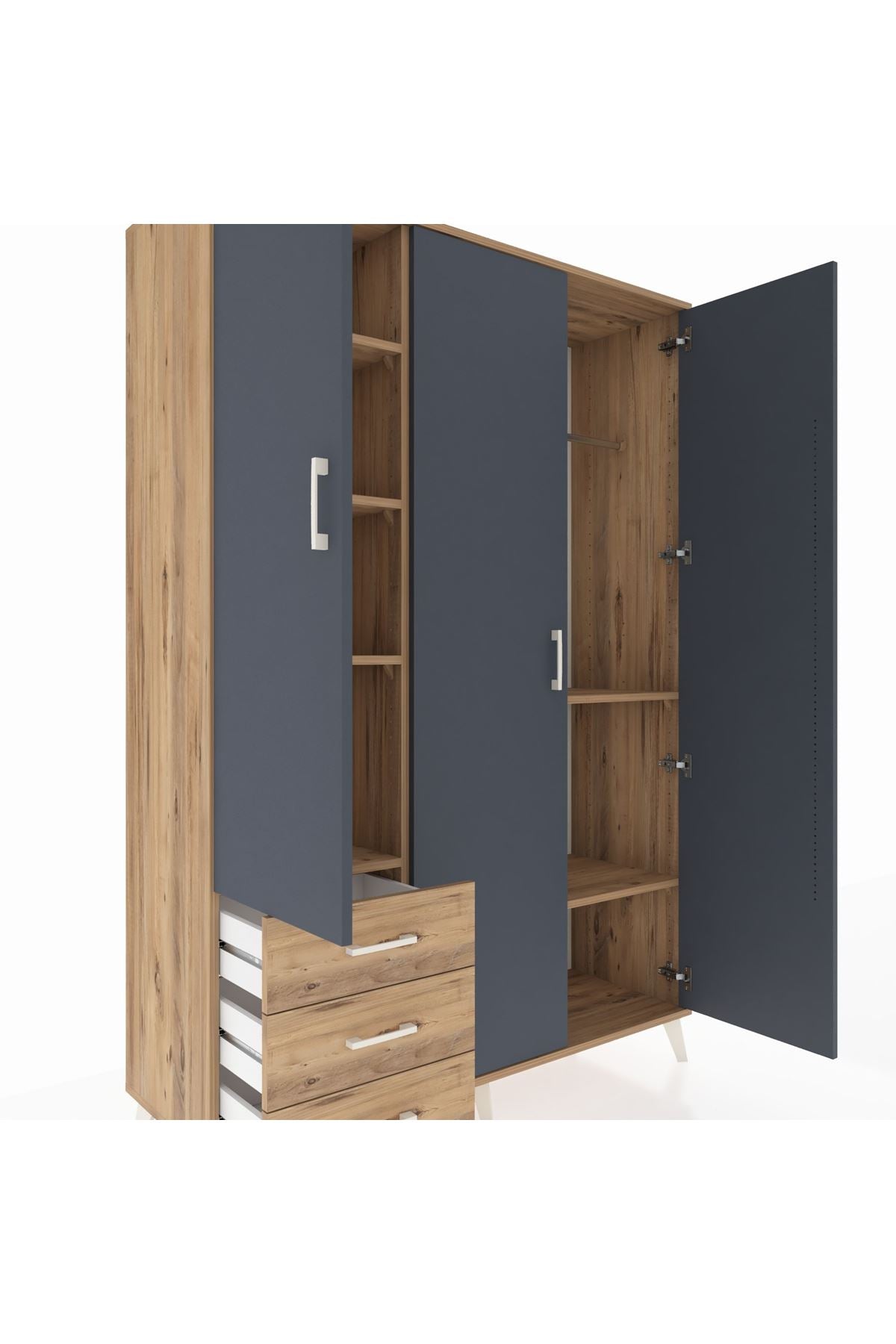 Hyperion Dolap 6 Raflı 3 Çekmeceli Tek Askılı 132x44x195 Çam-Antrasit/Çam