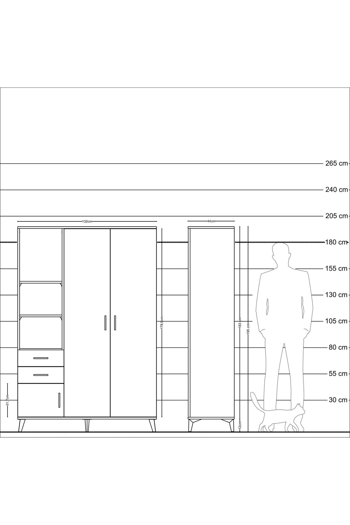 Hyperion Dolap 5 Raflı 2 Çekmeceli Tek Askılı 132x44x195 Aytaşı-Çam/Çam