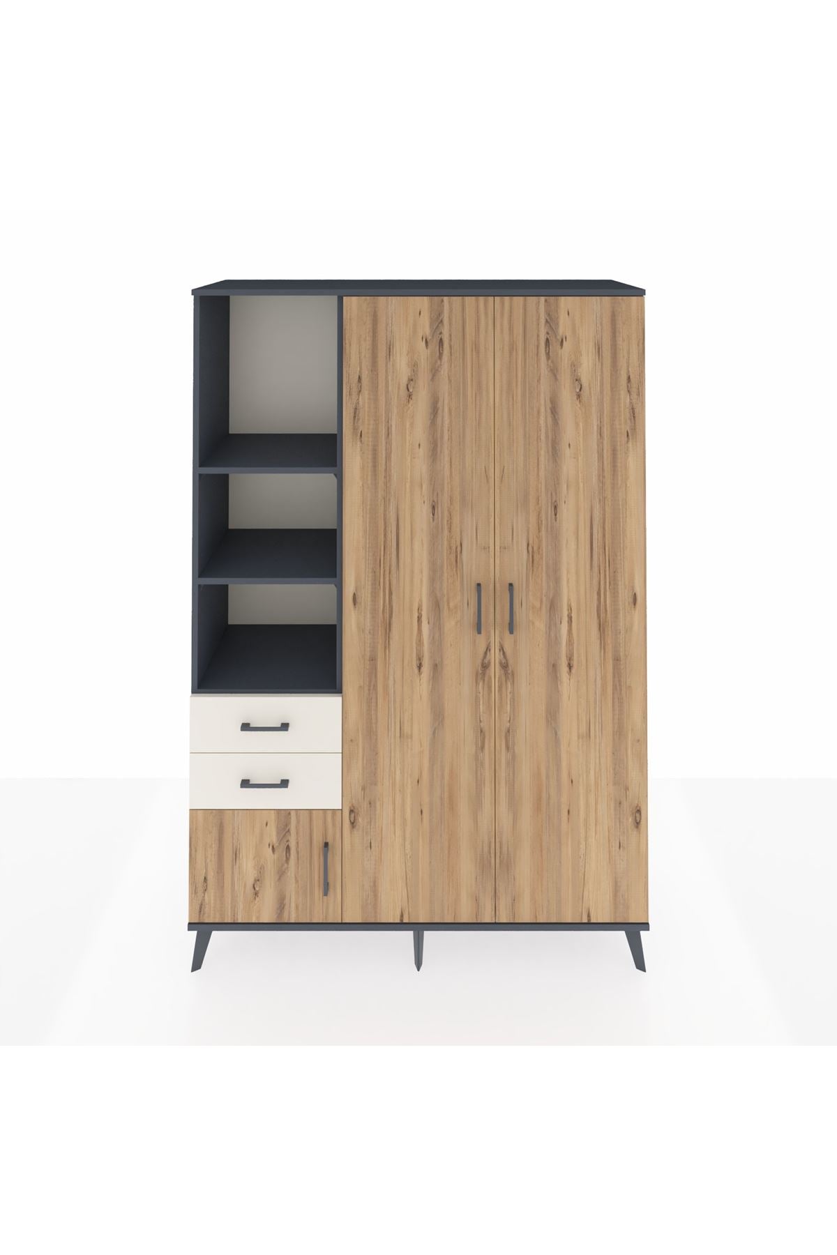 Hyperion Dolap 5 Raflı 2 Çekmeceli Tek Askılı 132x44x195 Antrasit-Çam/Aytaşı