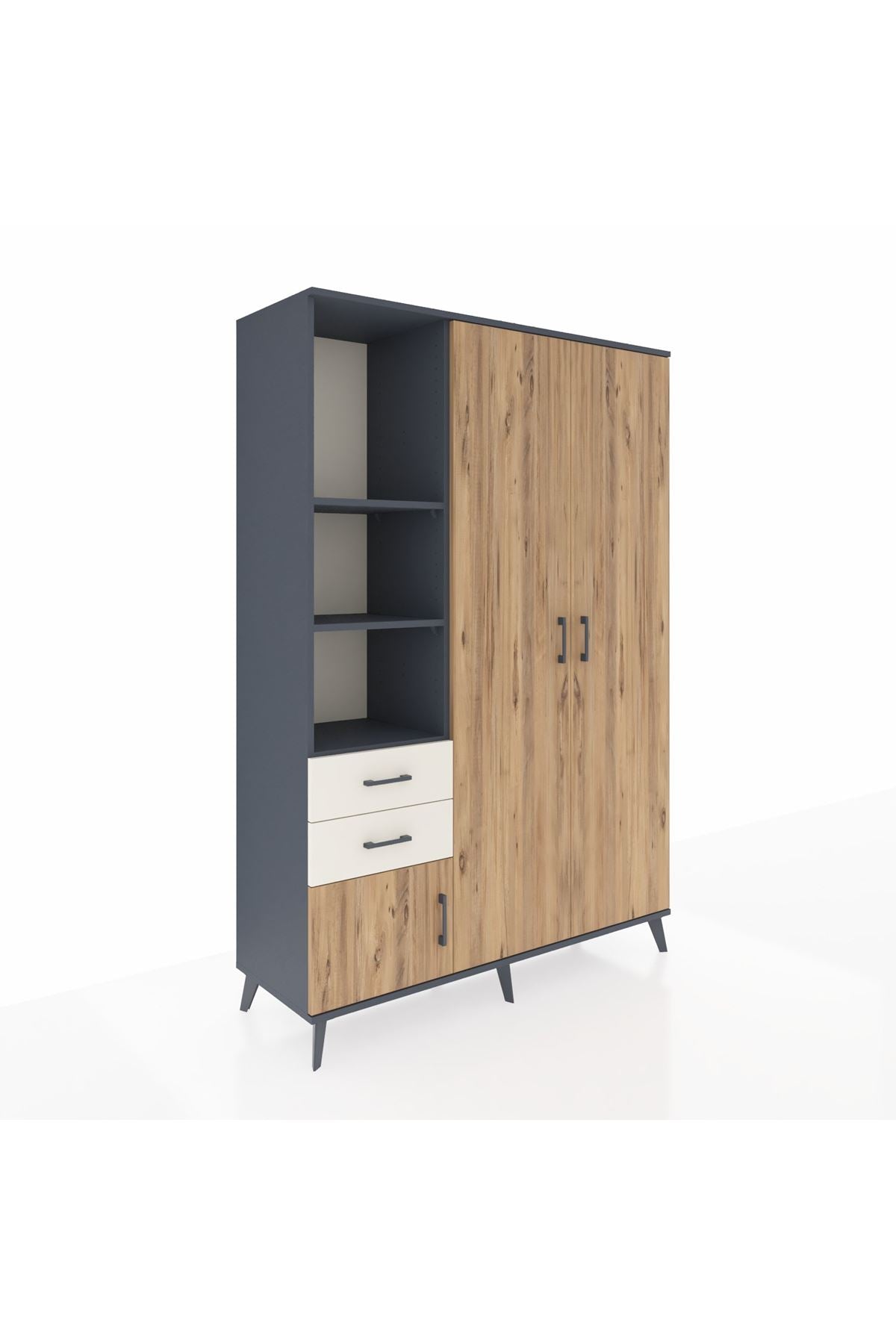 Hyperion Dolap 5 Raflı 2 Çekmeceli Tek Askılı 132x44x195 Antrasit-Çam/Aytaşı