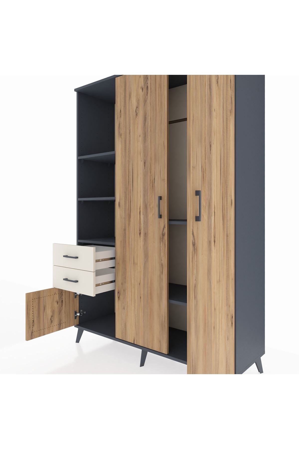 Hyperion Dolap 5 Raflı 2 Çekmeceli Tek Askılı 132x44x195 Antrasit-Çam/Aytaşı