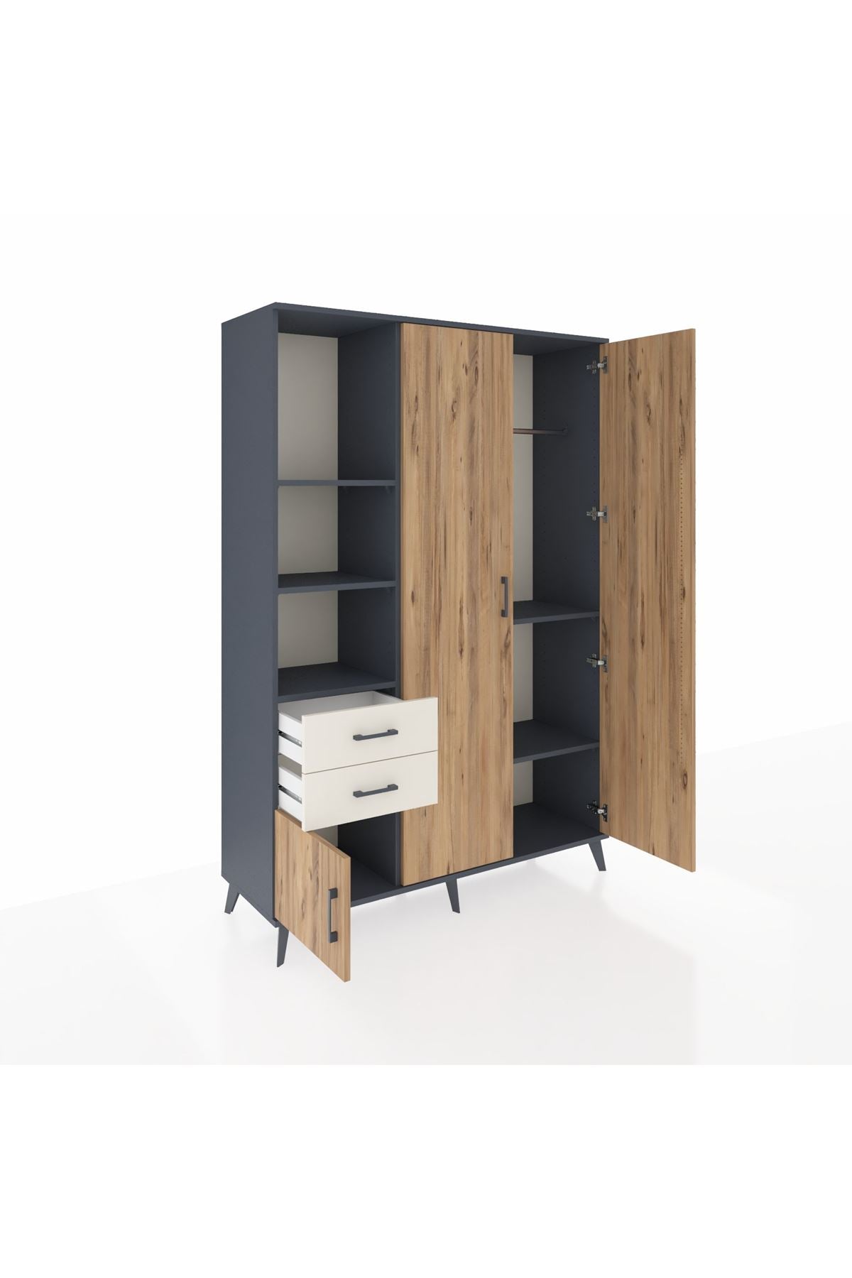 Hyperion Dolap 5 Raflı 2 Çekmeceli Tek Askılı 132x44x195 Antrasit-Çam/Aytaşı