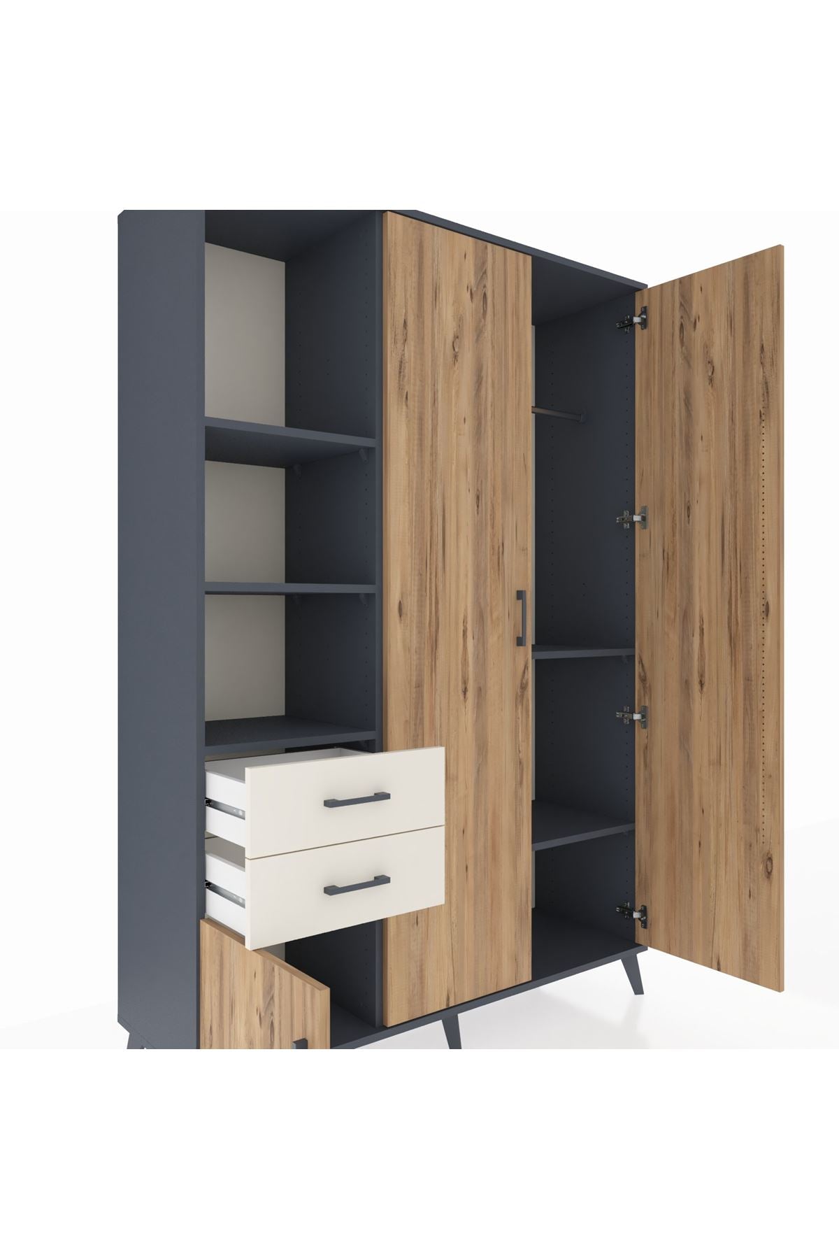 Hyperion Dolap 5 Raflı 2 Çekmeceli Tek Askılı 132x44x195 Antrasit-Çam/Aytaşı