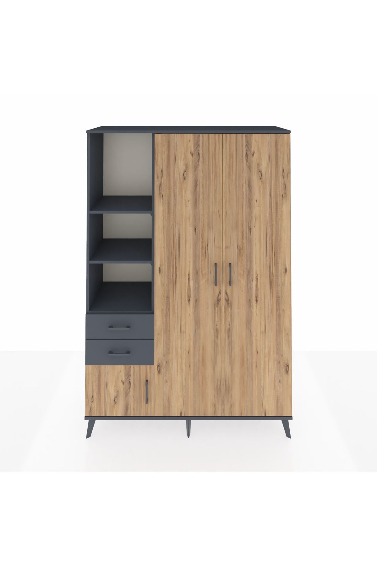 Hyperion Dolap 5 Raflı 2 Çekmeceli Tek Askılı 132x44x195 Antrasit-Çam/Antrasit