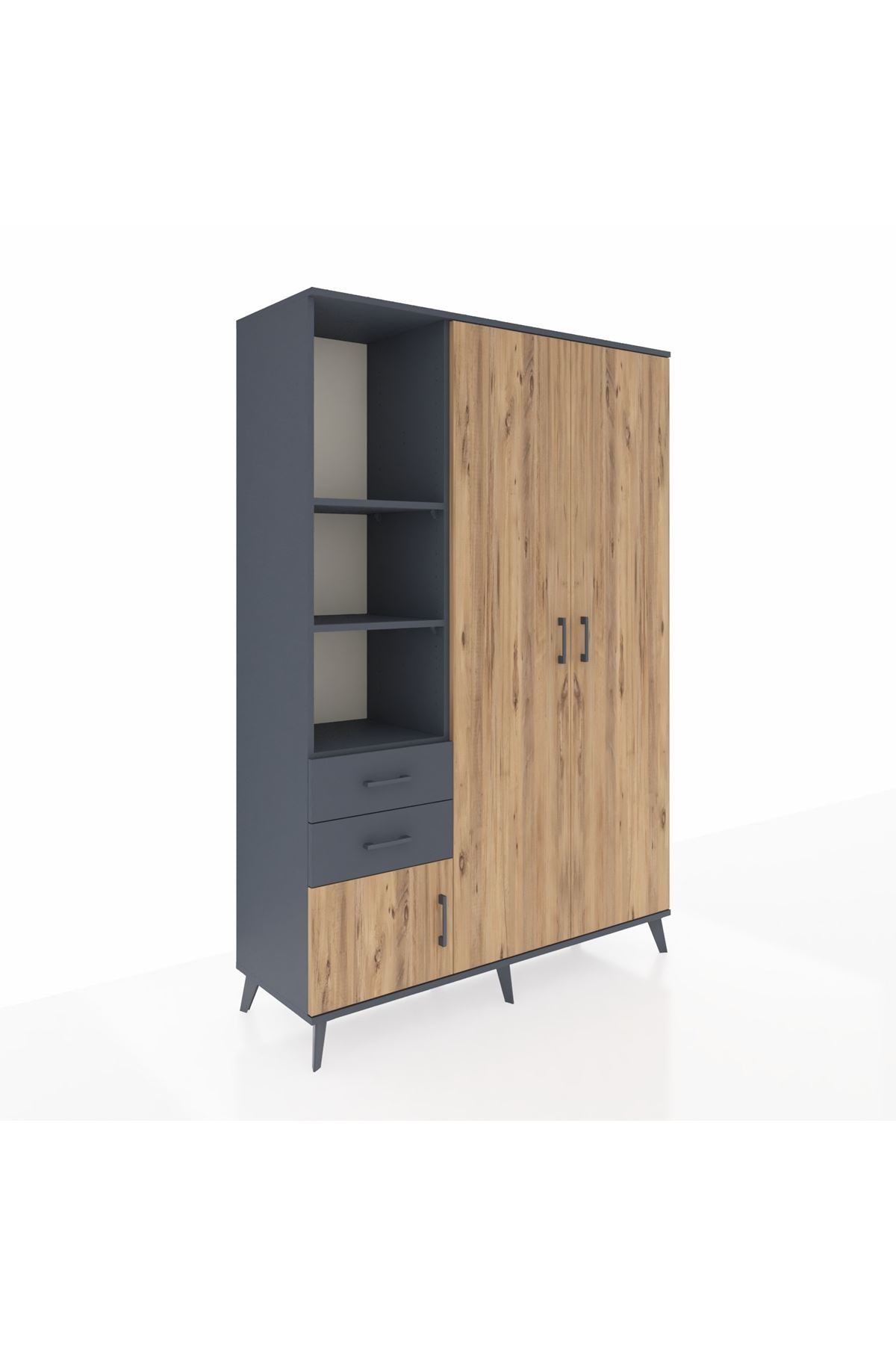 Hyperion Dolap 5 Raflı 2 Çekmeceli Tek Askılı 132x44x195 Antrasit-Çam/Antrasit