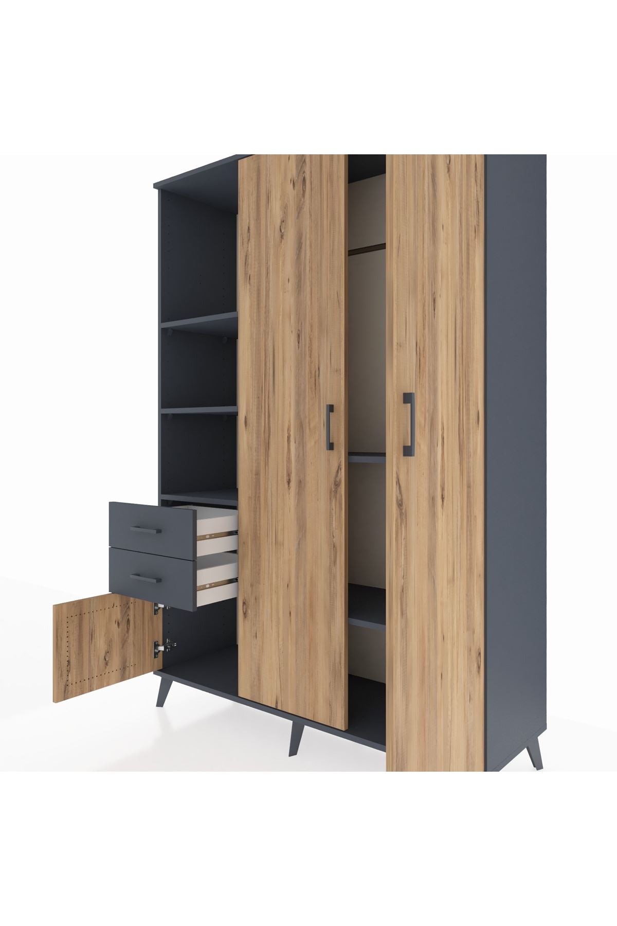 Hyperion Dolap 5 Raflı 2 Çekmeceli Tek Askılı 132x44x195 Antrasit-Çam/Antrasit