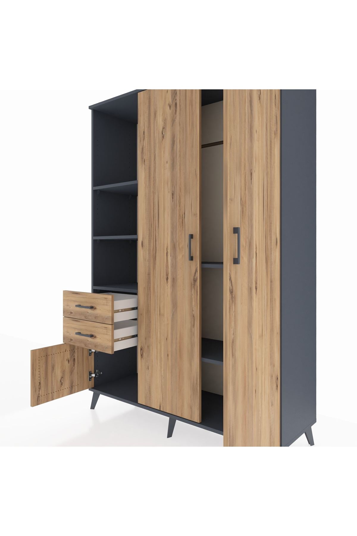 Hyperion Dolap 5 Raflı 2 Çekmeceli Tek Askılı 132x44x195 Antrasit-Çam/Çam