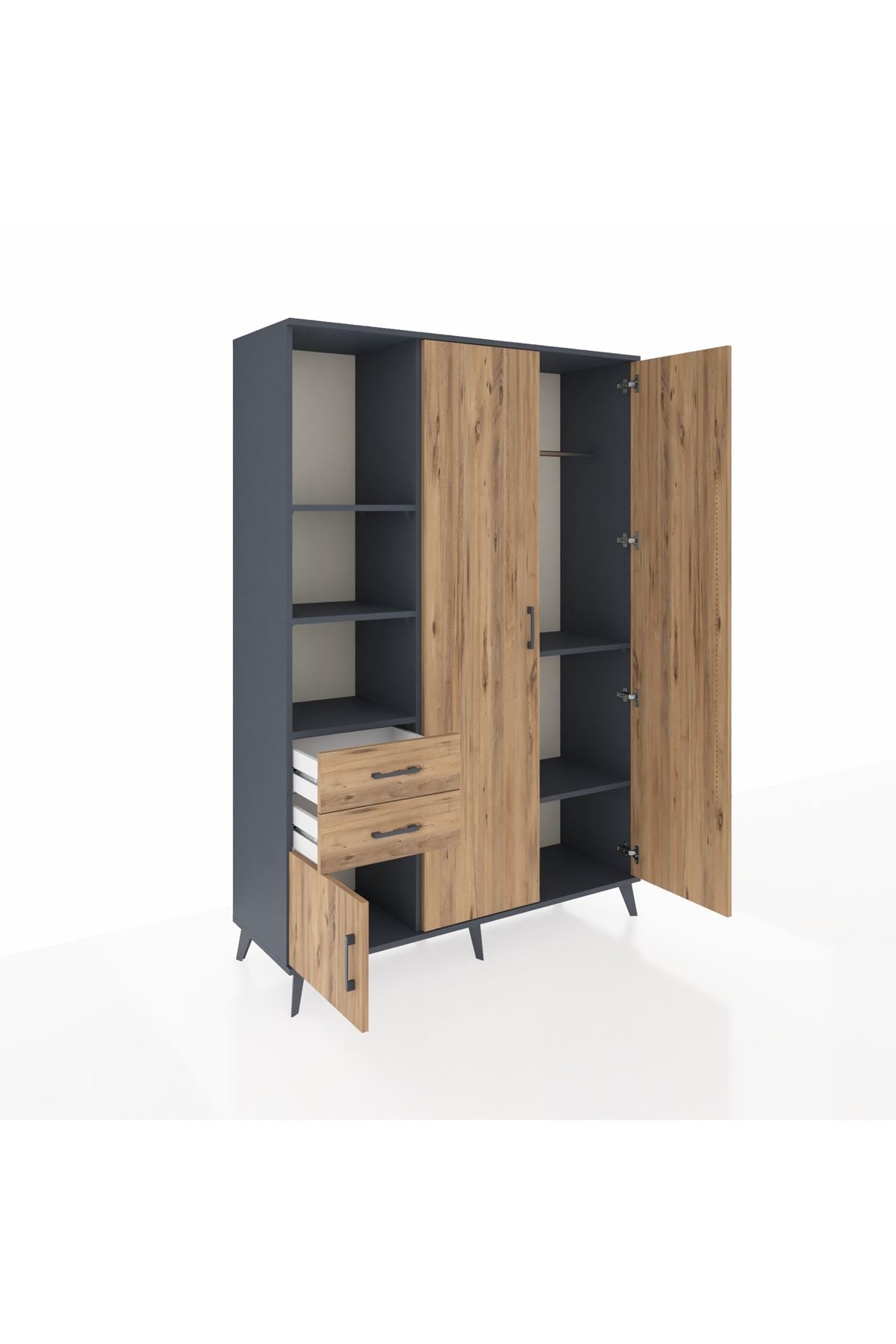 Hyperion Dolap 5 Raflı 2 Çekmeceli Tek Askılı 132x44x195 Antrasit-Çam/Çam