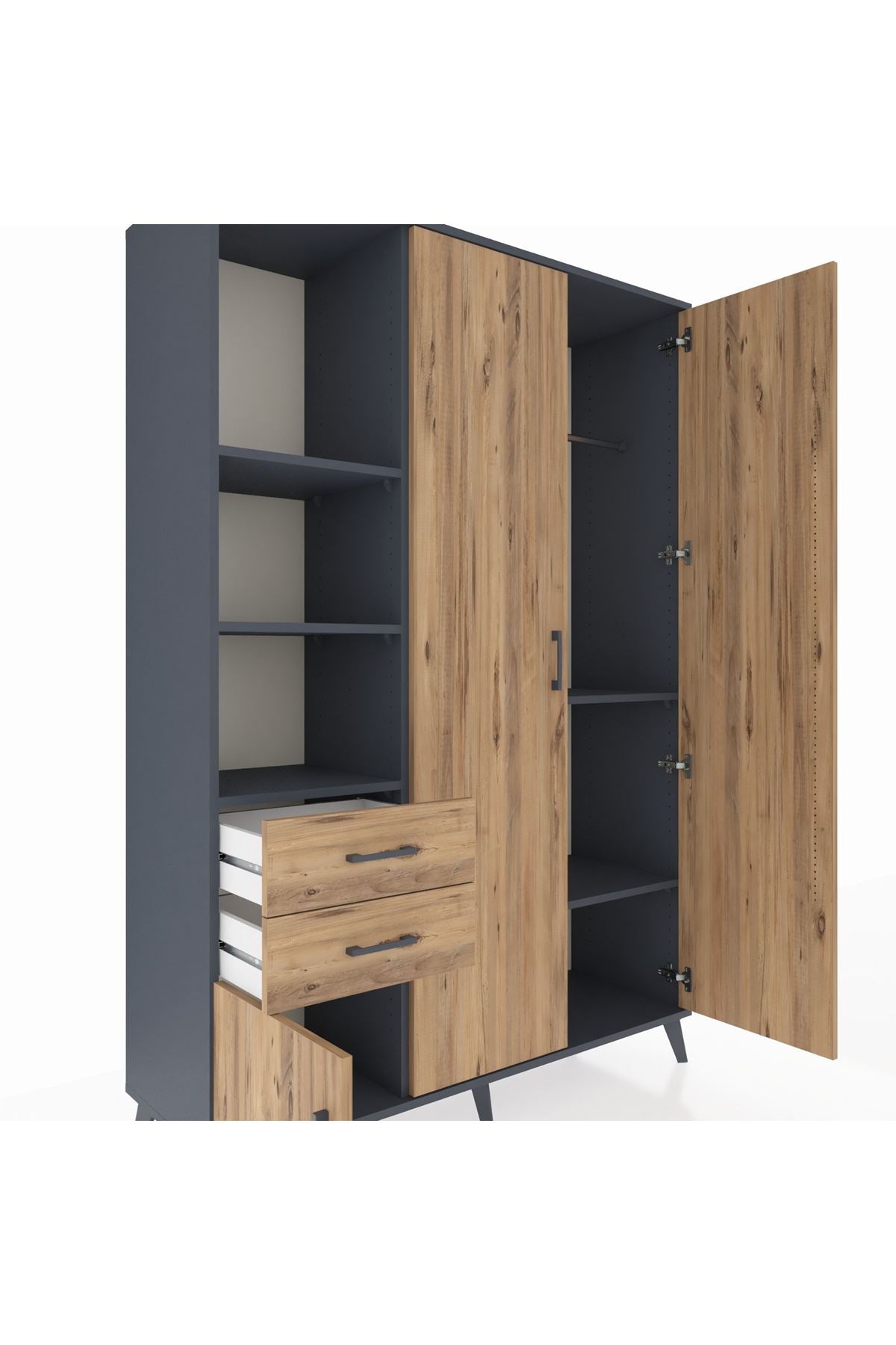 Hyperion Dolap 5 Raflı 2 Çekmeceli Tek Askılı 132x44x195 Antrasit-Çam/Çam