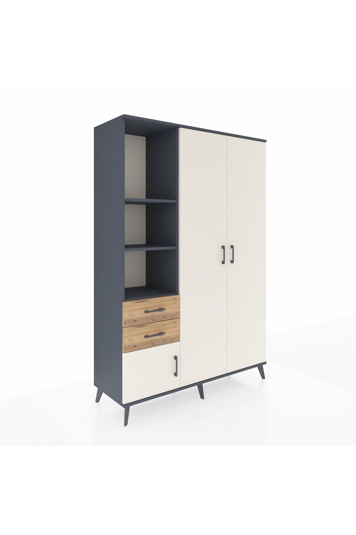 Hyperion Dolap 5 Raflı 2 Çekmeceli Tek Askılı 132x44x195 Antrasit-Aytaşı/Çam