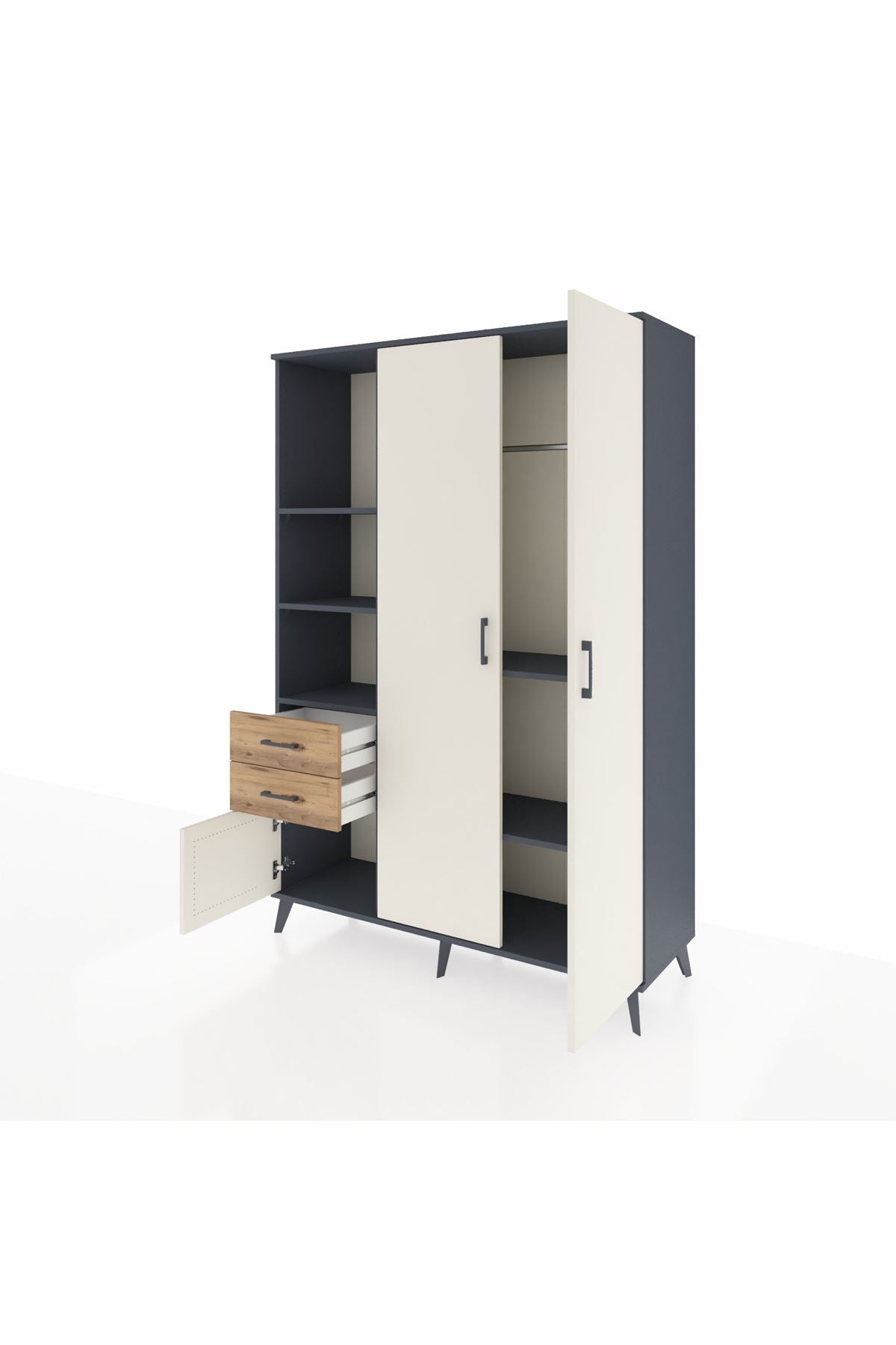 Hyperion Dolap 5 Raflı 2 Çekmeceli Tek Askılı 132x44x195 Antrasit-Aytaşı/Çam