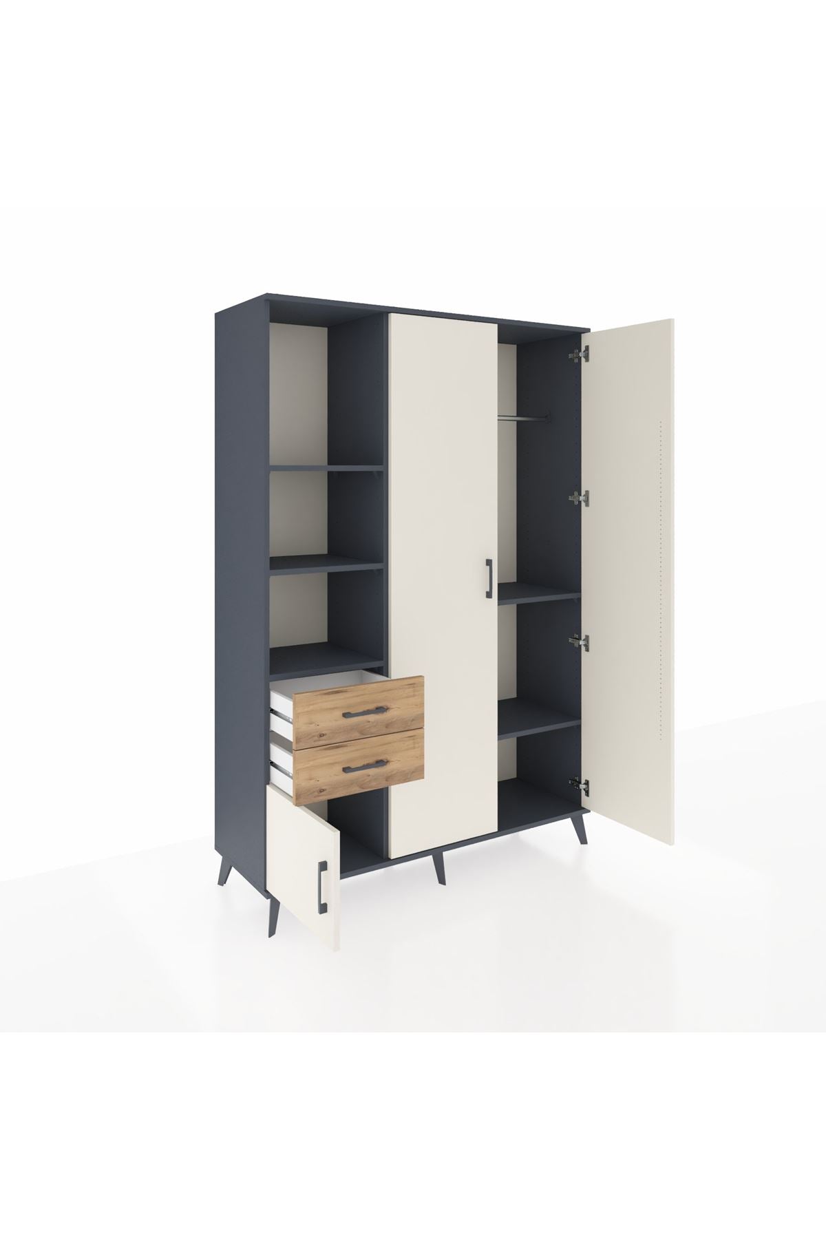 Hyperion Dolap 5 Raflı 2 Çekmeceli Tek Askılı 132x44x195 Antrasit-Aytaşı/Çam