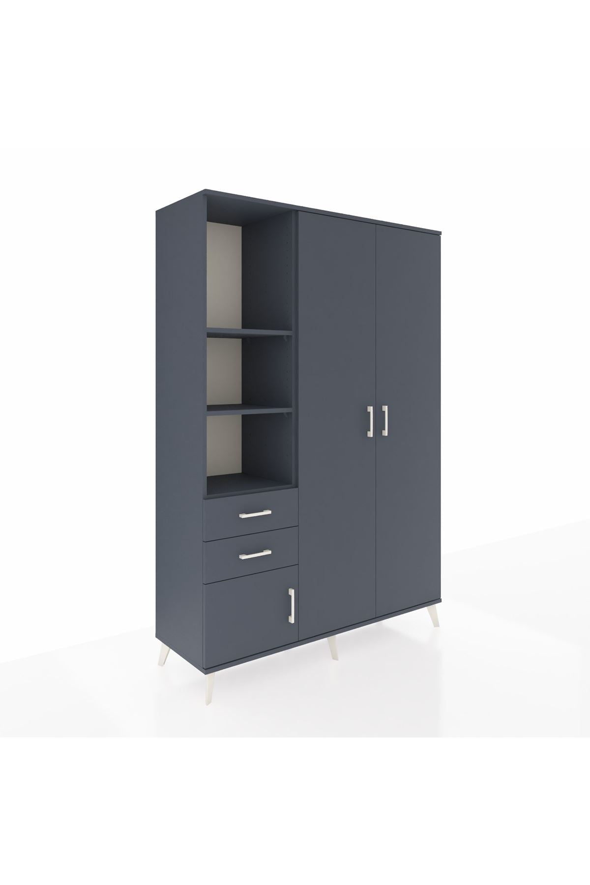 Hyperion Dolap 5 Raflı 2 Çekmeceli Tek Askılı 132x44x195 Antrasit-Antrasit/Antrasit