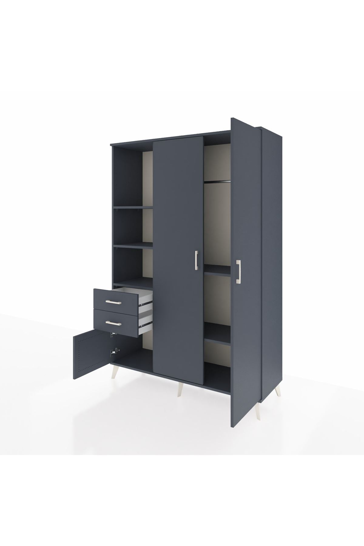 Hyperion Dolap 5 Raflı 2 Çekmeceli Tek Askılı 132x44x195 Antrasit-Antrasit/Antrasit