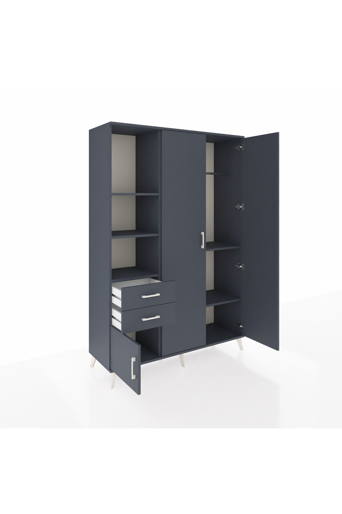 Hyperion Dolap 5 Raflı 2 Çekmeceli Tek Askılı 132x44x195 Antrasit-Antrasit/Antrasit