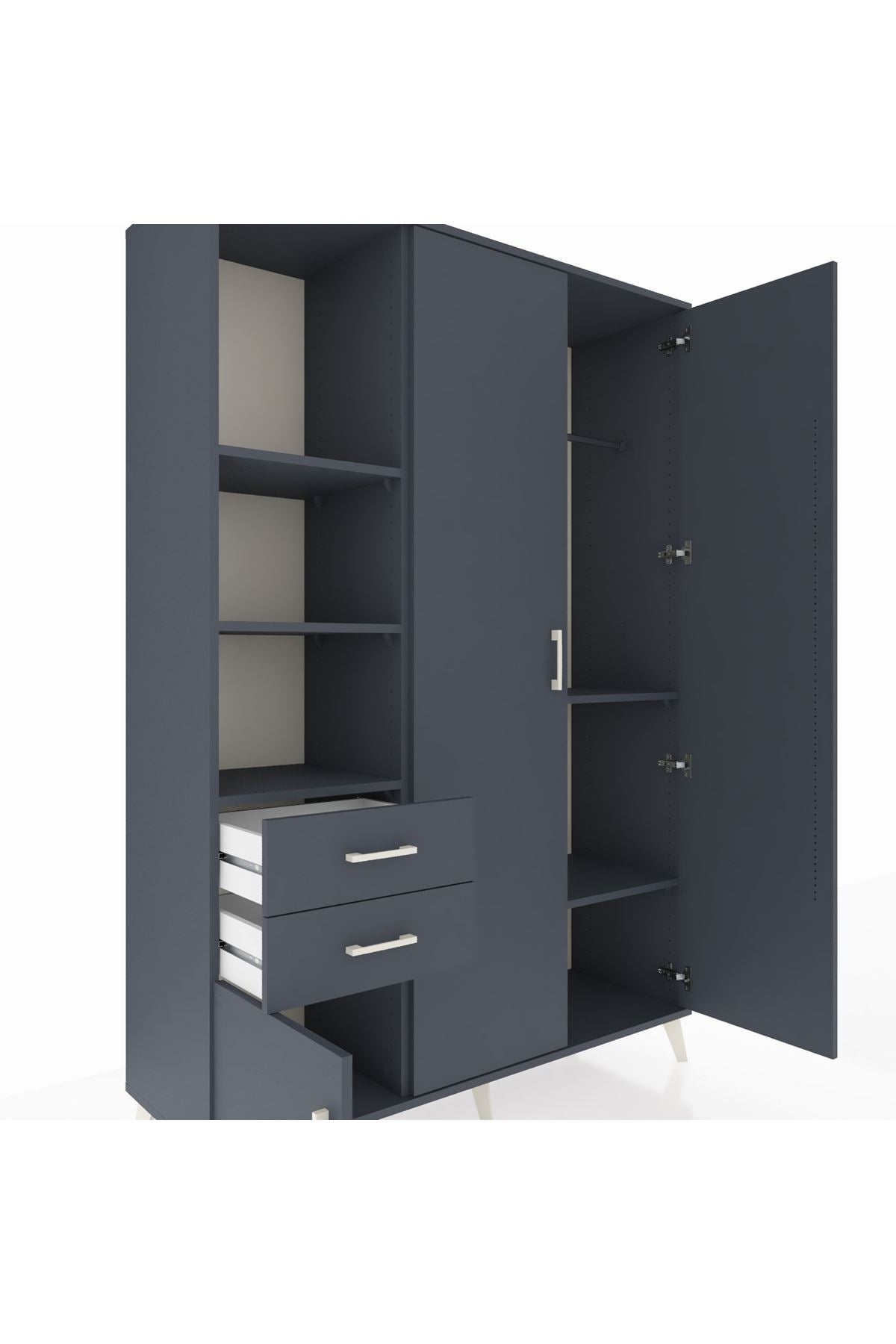 Hyperion Dolap 5 Raflı 2 Çekmeceli Tek Askılı 132x44x195 Antrasit-Antrasit/Antrasit