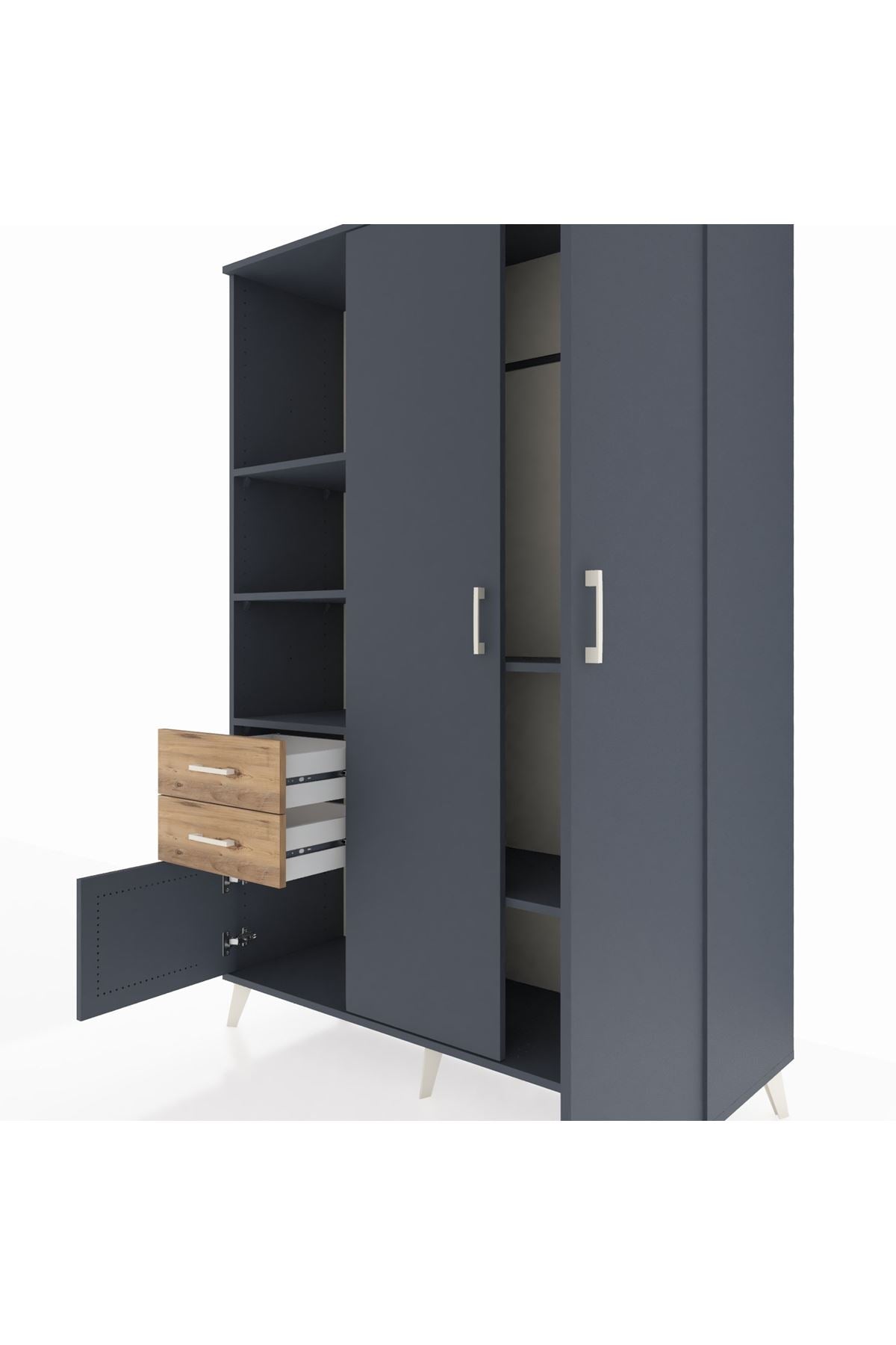 Hyperion Dolap 5 Raflı 2 Çekmeceli Tek Askılı 132x44x195 Antrasit-Antrasit/Çam